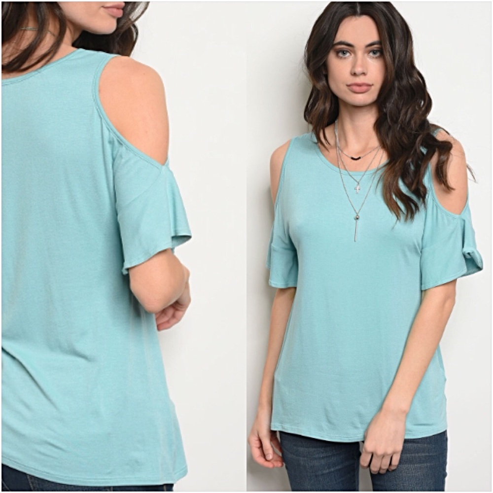 📍SALE Adorable Turquoise Cold Shoulder Tee Top S - Picture 4 of 7